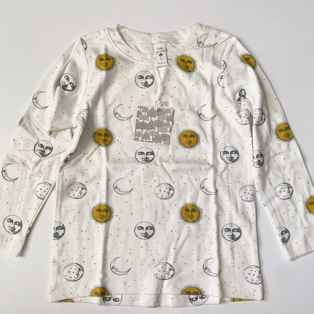 kate quinn White Long Sleeve Tee with Yellow and Gray Moon Faces